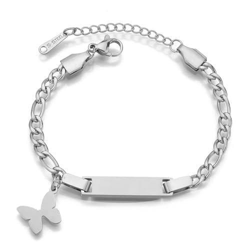 JewelryWe Personalisiert Armband Kinder Figarokette: Silber Edelstahl Hochglanz Poliert Schmetterling Figaro Kette Kinderarmband Babyarmband Armkette mit Gravur für Junge Mädchen Baby von JewelryWe