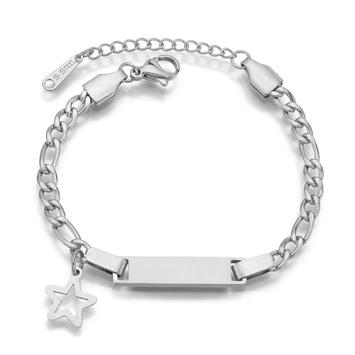 JewelryWe Personalisiert Armband Kinder Figarokette: Silber Edelstahl Poliert Pentagramm Stern Figaro Kette Kinderarmband Babyarmband Armkette mit Gravur für Junge Mädchen Baby von JewelryWe