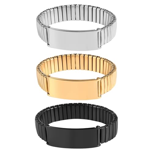 JewelryWe Personalisiert Elastisch Armband Herren: 3er Set Edelstahl Stretch-Armband mit Gravur 14m Breit Chunky Dick Maschette Armreif, Beideseitig Individuell Schriftbar, Geschenk für Männer Freund von JewelryWe