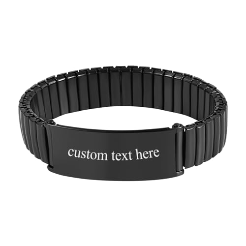 JewelryWe Personalisiert Elastisch Armband Herren: Schwarz Edelstahl Stretch-Armband mit Gravur 14m Breit Chunky Dick Maschette Armreif, Beideseitig Individuell Schriftbar, Geschenk für Männer Freund von JewelryWe