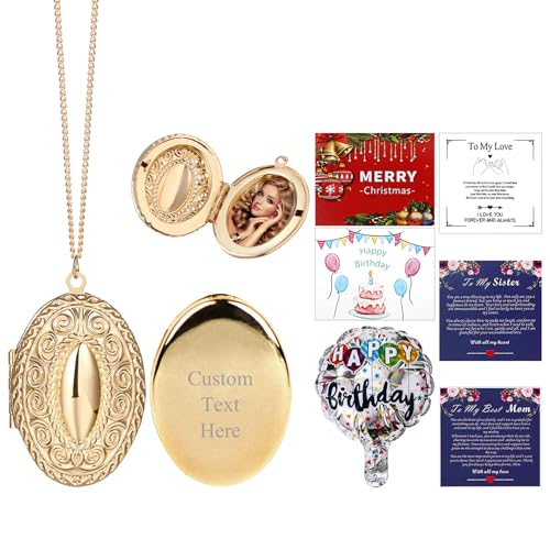 JewelryWe Personalisierte Foto Medaillon Halskette: Gold Oval Medaillon zum Öffnen für Bilder Memorial Damen Photo Anhänger Kette Gravur Weihnachten Geburtstag Geschenk für Frau Freundin Mutter von JewelryWe