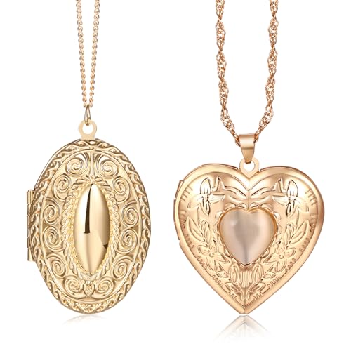 JewelryWe Personalisierte Halskette Medaillon Damen: 2pcs Herz Oval Foto Medaillon zum Öffnen Photo Bilder befüllbar Amulett Anhänger Kette mit Gravur Gold Geschenk für Mutter Tochter Freundin von JewelryWe