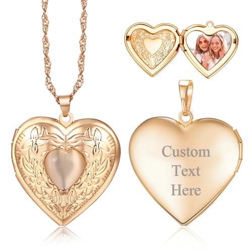 JewelryWe Personalisierte Halskette Medaillon Damen: Herz Foto Medaillon zum Öffnen Photo Bilder befüllbar Amulett Anhänger Kette mit Gravur Gold Geschenk für Mutter Tochter Freundin von JewelryWe