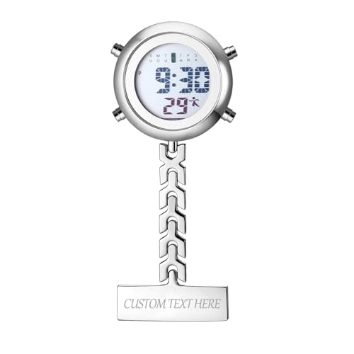 JewelryWe Personalisierte Krankenschwesteruhr Digitale Taschenuhr: Silber Elektronische Digitaluhr mit Gravur Multifunktionale Ärzte Krankenschwester Clip on Uhr mit Kalender, Alarm, Stoppuhr von JewelryWe