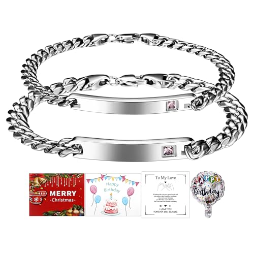 JewelryWe Personalisierte Paar Armband mit Gravur: 2pcs Silber Edelstahl Zirkonia Panzerkette Armkette Partnerarmband Freundschaftsarmband 3 Karten Weihnachten Valentinstag Geburtstag Pärchen Geschenk von JewelryWe