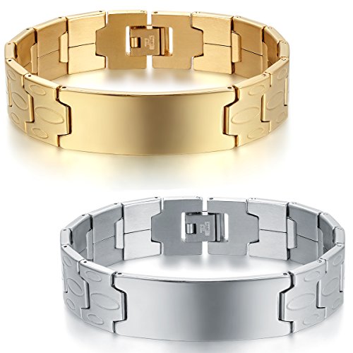 JewelryWe Personalisierte Schmuck 2pcs Herren Armband, Charm 16MM große Breite Glänzend Poliert Link Armreif Armkette, Edelstahl, Gold Silber, mit kostenlos Gravur von JewelryWe