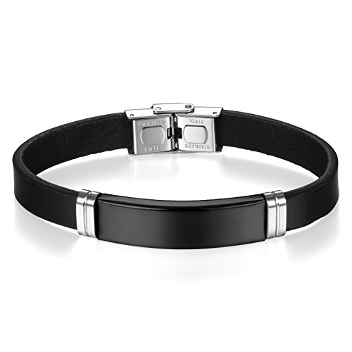 JewelryWe Personalisierte Schmuck Herren Damen Leder Armband Armreif mit Edelstahl Hochglanz Poliert Gravurplatte Lederarmband schwarz mit Kundenspezifischer Gravur von JewelryWe