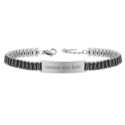 JewelryWe Personalisierte Tennis Armband Damen: Silber Edelstahl Tennisarmband mit schwarz rechteckig Zirkonia Steinen Verstellbare Armkette Armreif mit Gravur individuelles Geschenk für Frau Mädchen von JewelryWe