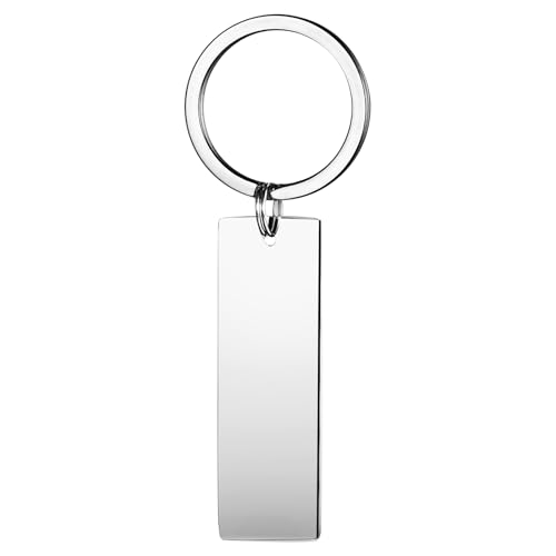 JewelryWe Personalisierter Schlüsselanhänger Rechteckig mit Gravur: Silber Edelstahl Schlüsselanhänger mit 45mm Rechteck Plättchen, beidseitig individuell zum Beschriften, Geschenk für Herren Damen von JewelryWe