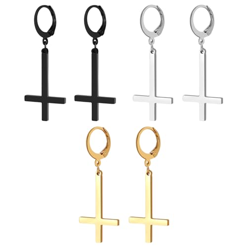 JewelryWe Petruskreuz Ohrringe für Herren Damen: 3 Paar Edelstahl Satanische Ohrringe Huggie Creolen mit Baumelnde Umgekehrt Upside Down Kreuz Unisex Hängende Ohrringe Ohrhänger Religiöses Schmuck von JewelryWe