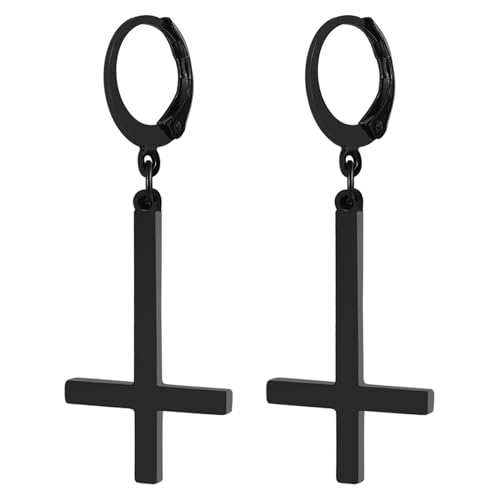 JewelryWe Petruskreuz Ohrringe für Herren Damen: Schwarz Edelstahl Satanische Ohrringe Huggie Creolen mit Baumelnde Umgekehrt Upside Down Kreuz Unisex Hängende Ohrringe Ohrhänger Religiöses Schmuck von JewelryWe
