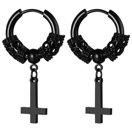 JewelryWe Petruskreuz Ohrringe für Herren Damen: Schwarz Edelstahl Wikinger Satanische Ohrringe Huggie Creolen mit Baumelnde Umgekehrt Upside Down Kreuz Gothic Vintage Ohrhänger Religiöses Schmuck von JewelryWe