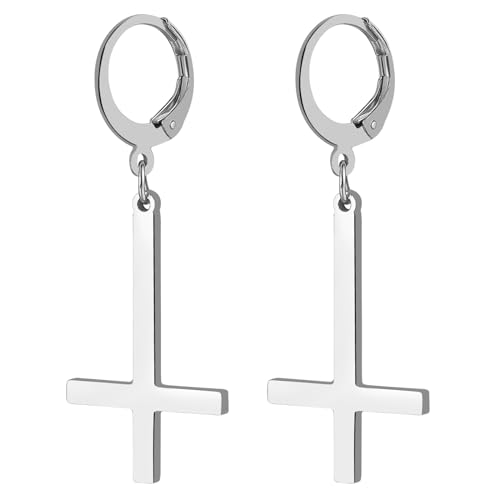JewelryWe Petruskreuz Ohrringe für Herren Damen: Silber Edelstahl Satanische Ohrringe Huggie Creolen mit Baumelnde Umgekehrt Upside Down Kreuz Unisex Hängende Ohrringe Ohrhänger Religiöses Schmuck von JewelryWe
