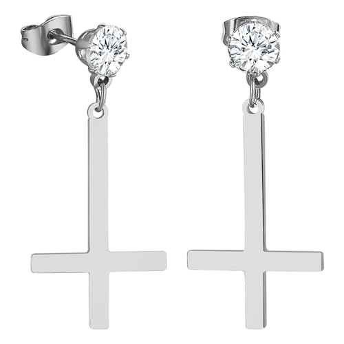 JewelryWe Petruskreuz Ohrringe für Herren Damen: Silber Edelstahl Zirkonia Satanische Ohrstecker mit Baumelnde Umgekehrt Upside Down Kreuz Unisex Ohrhänger Ohr Piercing Religiöses Schmuck von JewelryWe