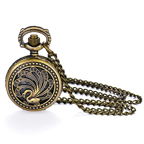 JewelryWe Pfauen-Taschenuhr Classic Steampunk Fob Half Hunter Quarz Uhren Retro Bronze Anhänger Uhr Halskette für Männer Frauen von JewelryWe