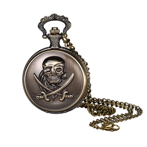 JewelryWe Piraten Totenkopf Taschenuhr mit Kette: Steampunk Schädel gekreuzte Schwerter Analog Quarz Kettenuhr Antik Bronze Uhr Anhänger Halskette Vintage Schmuck für Unisex Herren Damen von JewelryWe