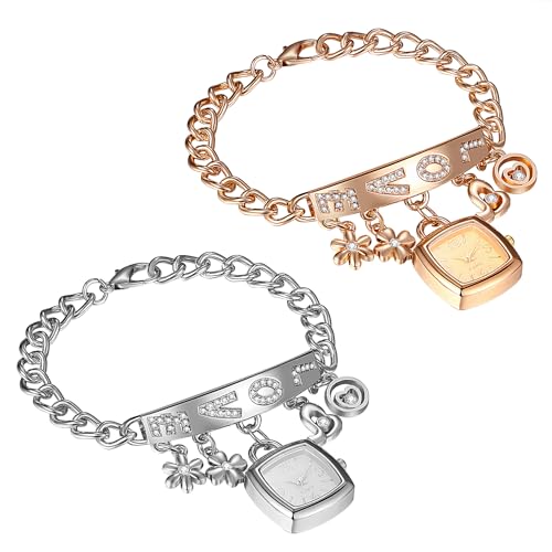 JewelryWe Quadratische Uhren Damen Metallarmband: 2 Stück Glitzer Strass Love Herz Blumen Blütenblätter Damenuhr Analog Quarz Armbanduhr Frauen Panzerkette Armband Armkette Freizeit Uhr von JewelryWe