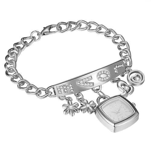 JewelryWe Quadratische Uhren Damen Metallarmband: Silber Glitzer Strass Love Herz Blumen Blütenblätter Damenuhr Analog Quarz Armbanduhr Frauen Panzerkette Armband Armkette Freizeit Uhr von JewelryWe