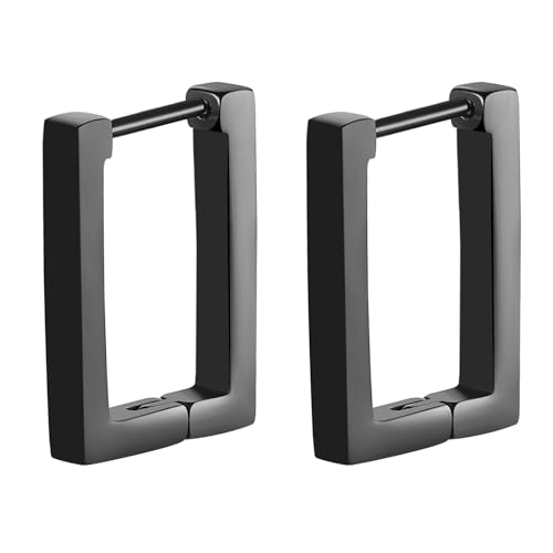 JewelryWe Rechteckige Ohrringe für Herren Damen: Schwarz Edelstahl Rechteck Klein Huggie Creolen Geometrische Eckige Ohrringe Punk Ohrstecker Ohr Piercing Hypoallergen Ohrschmuck von JewelryWe