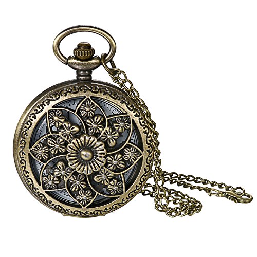 JewelryWe Retro Kamelie Blume Taschenuhr Damen Unisex Analog Quarz Uhr mit Halskette Kette Pocket Watch Geschenk Bronze von JewelryWe