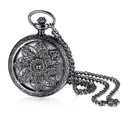 JewelryWe Retro Kamelie Blume Taschenuhr Damen Unisex Analog Quarz Uhr mit Halskette Kette Pocket Watch Geschenk Schwarz von JewelryWe