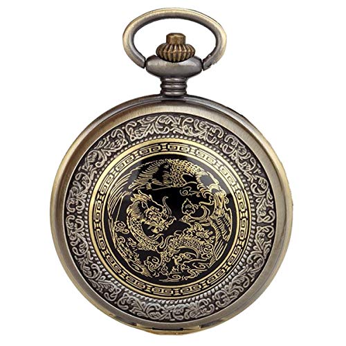 JewelryWe Retro Taschenuhr Drachen Phönix Herren Kettenuhr Analog Quarz Uhr mit Halskette Kette Pocket Watch von JewelryWe