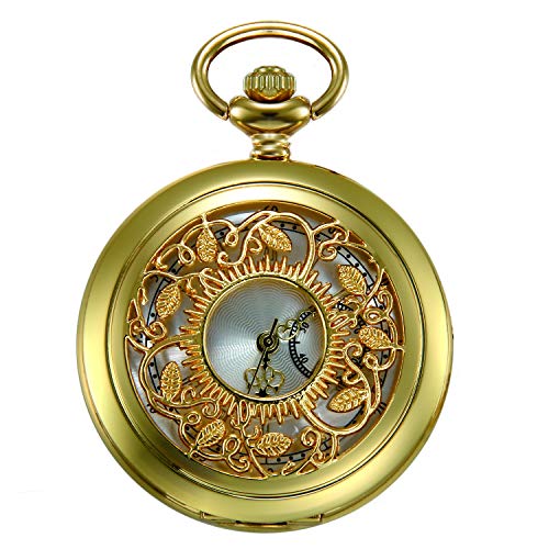 JewelryWe Retro Taschenuhr Golden Gehäuse Hohle Blumen Muster Herren Damen Analog Quarz Uhr Kettenuhr mit Halskette Kette Pocket Watch Geschenk von JewelryWe