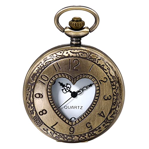 JewelryWe Taschenuhr Damen Herren Retro Vintage Herz Analog Quarz Uhr mit Kette Umhängeuhr Pocket Watch Muttertagsgeschenk Bronze von JewelryWe