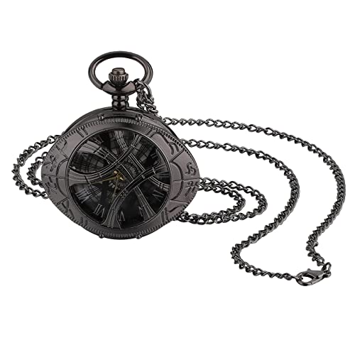 JewelryWe Retro Taschenuhr Herren Vintage Autobahnkreuz Oval Hohe Openwork Römische Ziffern Skala Analog Quarz Uhr mit Halskette Kette Kettenuhr Unisex schwarz von JewelryWe