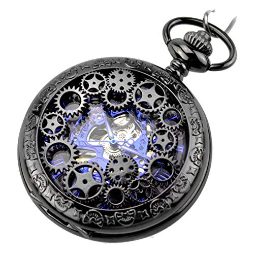 JewelryWe Retro Zahnrad Ritzel Hohe Openwork Handaufzug Mechanische Taschenuhr Skelett Uhr Pullover Halskette Kette Schwarz von JewelryWe