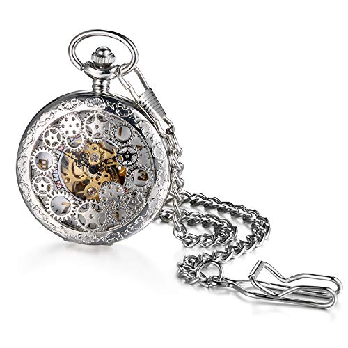 JewelryWe Retro Zahnrad Ritzel Hohe Openwork Handaufzug Mechanische Taschenuhr Skelett Uhr Pullover Halskette Kette Silber von JewelryWe