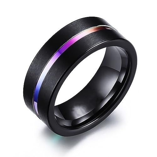 JewelryWe Ring Herren Edelstahl Gebürstet: Klassisch 8mm Breit Edelstahl Herren-Ring Lila Rille schwarz gebürstet Männer Eheringe Band mit Gravur für Versprechen Verlobung Hochzeit Größe 57 von JewelryWe