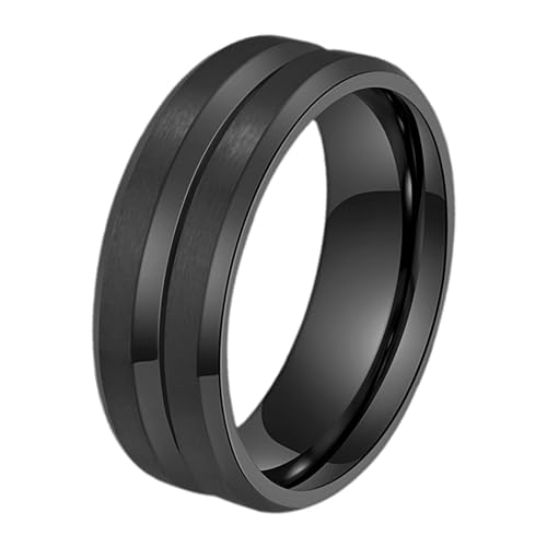 JewelryWe Ring Herren Edelstahl Schwarz: 8mm Breite Herren-Ring mit Rille in der Mitte Männer Verlobungsring Ehering Versprechensring Bandring Hochzeit Band mit Gravur Größe 65 von JewelryWe