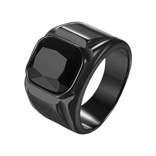 JewelryWe Ring Herren Edelstahl Siegelring: Schwarz Quadratischer Achat Onyx Breitband Biker Vintage Solide Poliert Hip Hop Rock Band Männer Ringe mit Gravur Größe 57 von JewelryWe