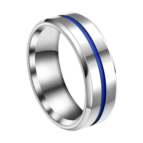 JewelryWe Ring Herren Edelstahl Verlobungsring: 8mm Gebürstet Herren-Ring Blaue Rille in der Mitte Partnerringe Eheringe Versprechen Engagement Hochzeit Band Männer Bandring mit Gravur Silber Größe 67 von JewelryWe