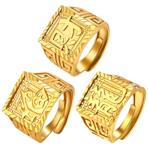 JewelryWe Ringe Herren Vergoldet Siegelringe: 3 Stück Gold Herren-Ring Glück/Reichtum/Drache Offener Goldring Siegelring Bandring Band mit Gravur verstellbare Größe Geschenk für Männer Vater Freunde von JewelryWe