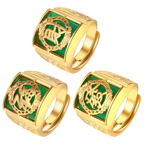 JewelryWe Ringe Herren Vergoldet Siegelringe: 3 Stück Gold Herren-Ring Reich/Glück/Reichtum Offener Goldring mit grüner Oberfläche Bandring Band Gravur verstellbare Größe Geschenk für Männer Vater von JewelryWe