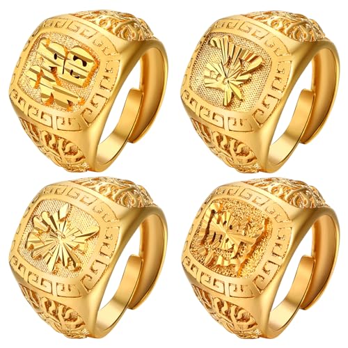 JewelryWe Ringe Herren Vergoldet Siegelringe: 4 Stück Gold Herren-Ring Reich/Glück/Reichtum/Erfolg Offener Goldring Bandring Band mit Gravur verstellbare Größe Geschenk für Männer Vater Freunde von JewelryWe