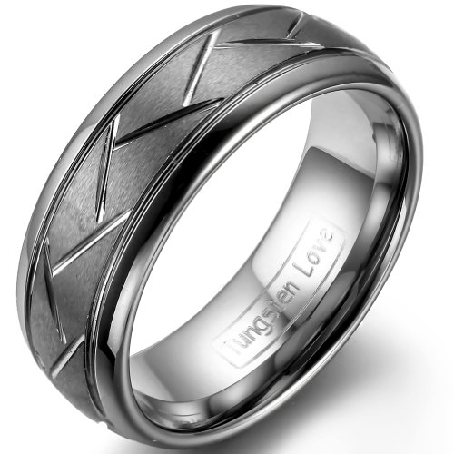 JewelryWe Ringe Herren Wolfram Zickzack: 8mm Breite Herren-Ring Damen-Ring Wolframcarbid Gebürstet Ring mit Zickzack Rillen Männer Verlobung Hochzeit Band mit Gravur Silber Größe 62 von JewelryWe