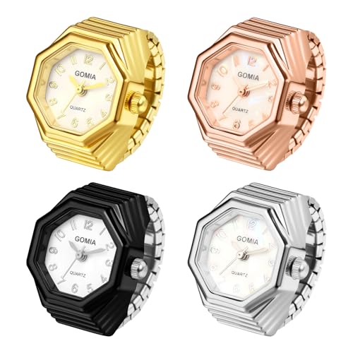 JewelryWe Ringuhr Achteckige Elastische Fingeruhr: 4 Stück Analog Quarz Fingerringuhr Damen Herren Dehnbarer Metallband Ring Uhr Uhrenring mit Achteck Perlmutt Zifferblatt von JewelryWe