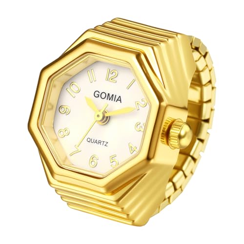 JewelryWe Ringuhr Achteckige Elastische Fingeruhr: Gold Analog Quarz Fingerringuhr Damen Herren Dehnbarer Metallband Ring Uhr Uhrenring mit Achteck Perlmutt Zifferblatt von JewelryWe