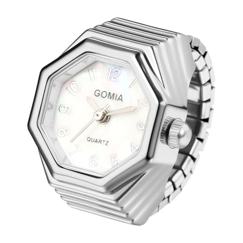 JewelryWe Ringuhr Achteckige Elastische Fingeruhr: Silber Analog Quarz Fingerringuhr Damen Herren Dehnbarer Metallband Ring Uhr Uhrenring mit Achteck Perlmutt Zifferblatt von JewelryWe