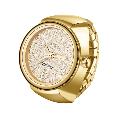 JewelryWe Ringuhr Damen Elastische Fingeruhr: Gold Analog Quarz Ring Uhr Edelstahl Stretchband Fingerringuhr Uhrenring mit Zugband und Sandgestrahlt Zifferblatt von JewelryWe