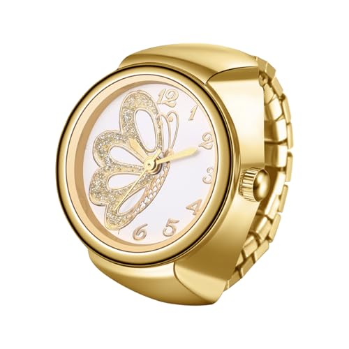 JewelryWe Ringuhr Damen Elastische Fingeruhr: Gold Analog Quarz Ring Uhr Edelstahl Stretchband Fingerringuhr Uhrenring mit Zugband und Schmetterling-Motiv Zifferblatt von JewelryWe