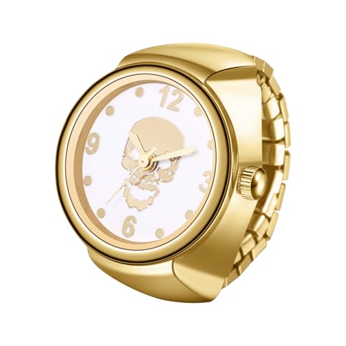 JewelryWe Ringuhr Damen Elastische Fingeruhr: Gold Analog Quarz Ring Uhr Edelstahl Stretchband Fingerringuhr Uhrenring mit Zugband und Totenkopf Schädel Zifferblatt von JewelryWe