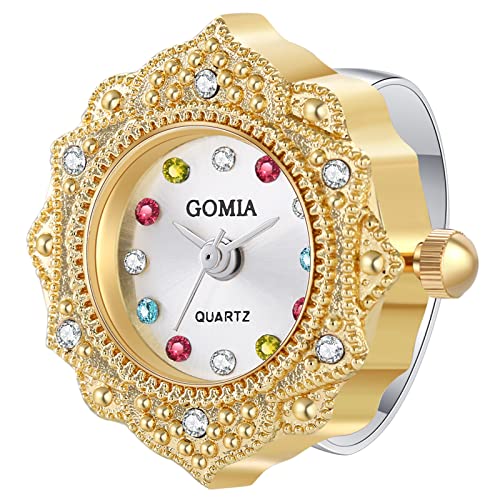 JewelryWe Ringuhr Fingeruhr Damen Analog Quarz Retro Geschnitzt Blumen Edelstahl Verstellbar Ring Uhr Fingerringuhr Uhrenring mit Bunt Strass Rundem Zifferblatt und Gold Gehäuse von JewelryWe