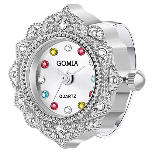 JewelryWe Ringuhr Fingeruhr Damen Analog Quarz Retro Geschnitzt Blumen Edelstahl Verstellbar Ring Uhr Fingerringuhr Uhrenring mit Bunt Strass Rundem Zifferblatt und Silber Gehäuse von JewelryWe