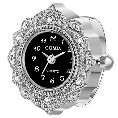 JewelryWe Ringuhr Fingeruhr Damen Analog Quarz Retro Geschnitzt Blumen Strass Edelstahl Verstellbar Ring Uhr Fingerringuhr Uhrenring mit Schwarz Rundem Zifferblatt und Silber Gehäuse von JewelryWe