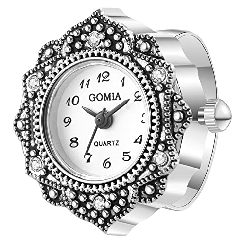 JewelryWe Ringuhr Fingeruhr Damen Analog Quarz Retro Geschnitzt Blumen Strass Edelstahl Verstellbar Ring Uhr Fingerringuhr Uhrenring mit Weiß Rundem Zifferblatt und Silber Gehäuse von JewelryWe