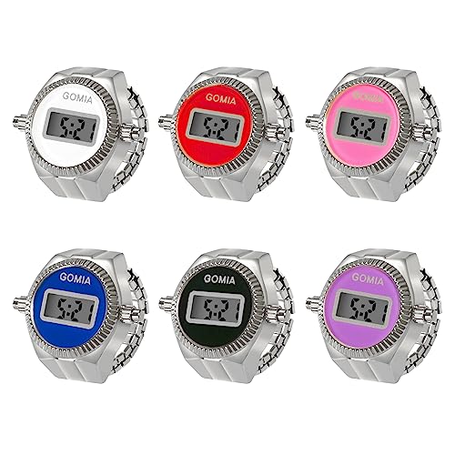 JewelryWe Ringuhr Fingeruhr Damen Digitaluhr - 6pcs Silber Runde Digital Elastisch Edelstahl Ring Uhr Frauen Fingerringuhr Uhrenring mit Kalender, Stoppuhr und LED Digitalanzeige, 6 Farben Set von JewelryWe